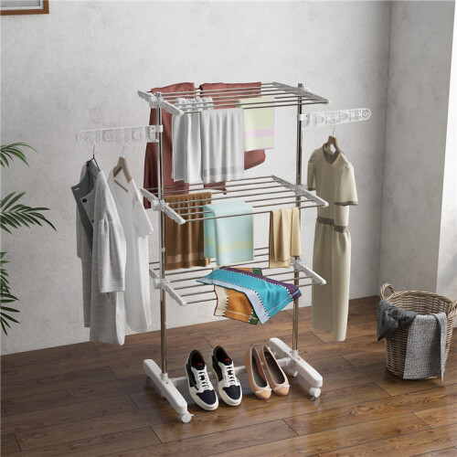 Foldable 3 Tier Clothes Drying Rack Silver White 2