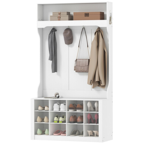 White Wardrobe with Shelf Bench Hooks and Shoe Storage 1