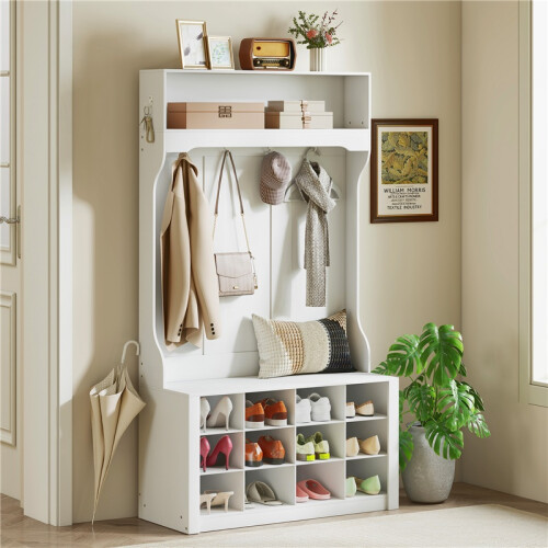 White Wardrobe with Shelf Bench Hooks and Shoe Storage 2