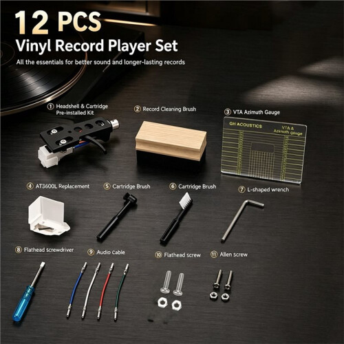 AT3600L Stylus+Turntable Headshell VTA Azimuth Gauge Record Cleaner 12 PCS Set Beginner-Friendly Vinyl Record Player Set 2
