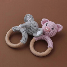 Hochet animal en fil de coton crocheté, clochette tricotée à la main, anneau de dentition pour bébé, anneau en bois fait main, sans BPA