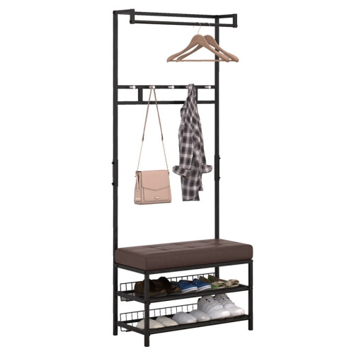 Coat Rack with Shoe Bench 5 Hooks and 2 Storage Tiers 1