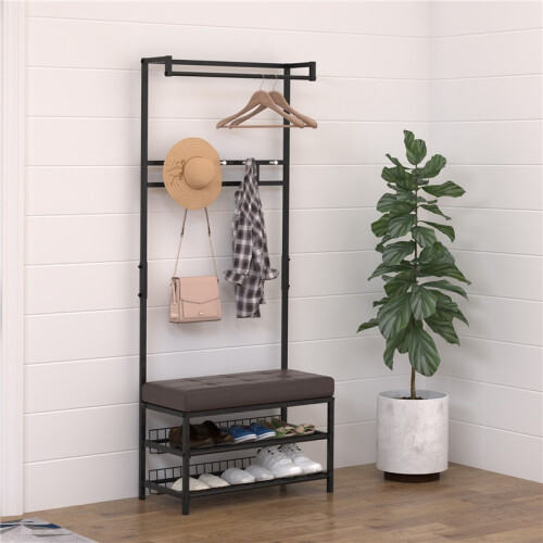 Coat Rack with Shoe Bench 5 Hooks and 2 Storage Tiers 2
