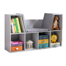 2-in-1 Kinderregal und Bank mit Kissen, Weiß/Grau