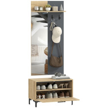 Hallway Furniture Set with Shoe Bench Mirror Hooks Natural Grey