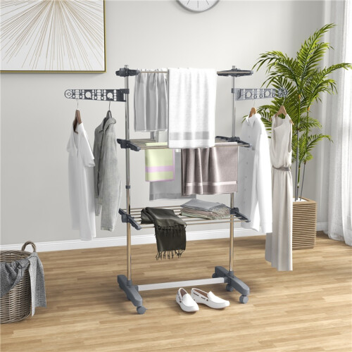 Foldable Clothes Drying Rack 4 Tier One Click System Blue Silver 2