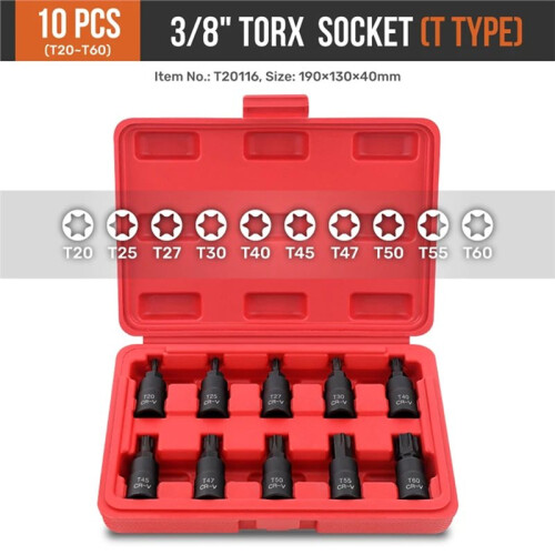 10PC 3/8" Drive Socket Set H3-14/T20-60 with Red Case, Professional Torx/Hex Tool Kit for Auto Maintenance Torx Type 1