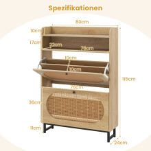 Kenkäkaappi kahdella kääntyvällä laatikolla, rottinkiovet, metallijalat