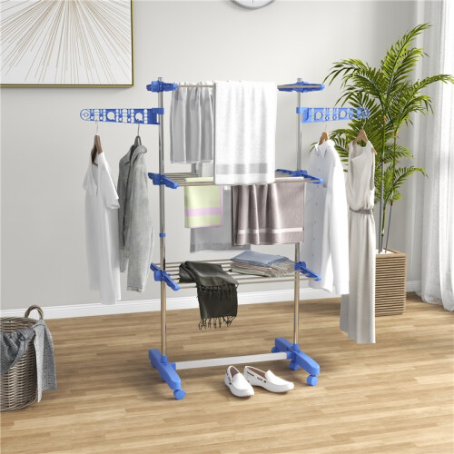 Foldable Clothes Drying Rack 4 Tier One Click System Blue Silver 2