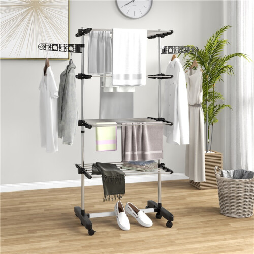 Foldable Clothes Drying Rack 5 Tier One Click System Black Silver 2