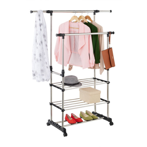 Adjustable Double Rod Clothes Rack with Shelf 1