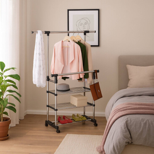 Adjustable Double Rod Clothes Rack with Shelf 2