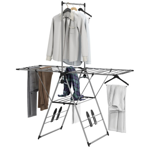Stainless Steel Foldable Drying Rack with Adjustable Wings Shoe Holder Silver 1