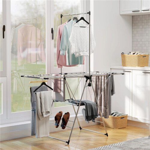Stainless Steel Foldable Drying Rack with Adjustable Wings Shoe Holder Silver 2