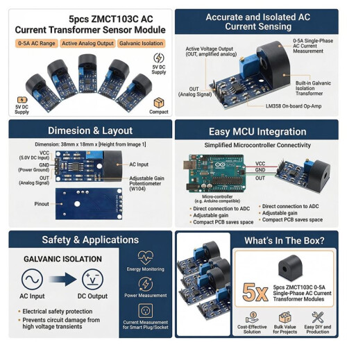 5pcs ZMCT103C AC Current Transformer Sensor Module, 0-5 A Single‑Phase, 5 V Supply, Analog Output