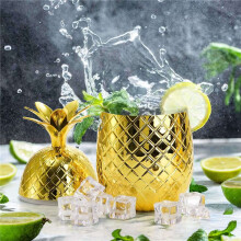 4 Pack Pineapples Drink Cups, 450Ml Gold Pineapples Tumbler with Stretched Straw, Hawaiian Luau Party Cups
