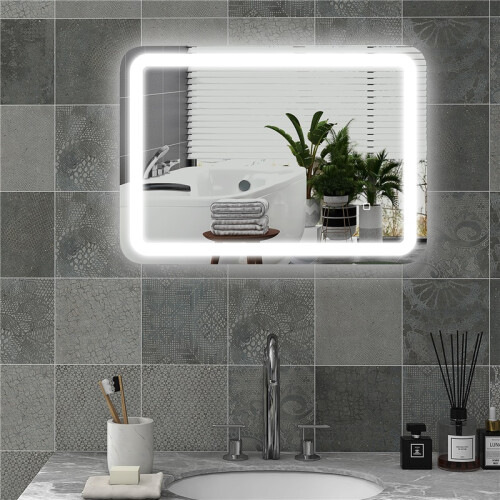 Miroir de salle de bain lumineux, commande tactile, antibuée, argent 2