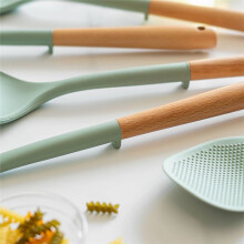 5pcs Silicone Kitchen Utensils Set with Wooden Handle Non-Stick Spatula Cooking Set Frying Spatula Ladle Rice Spoon