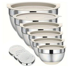 Khaki Mixing Bowl with Lid Set,6 Piece Stainless Steel Mixing Nesting Bowls for Salad Storage,3 Grater Attachments