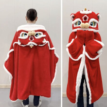 (8) Cartoon Chinese Red Lion New Year Christmas Cloak Hooded Blanket Flannel Hooded Hat Gloves Wearable Warm Children's Cosplay Gift