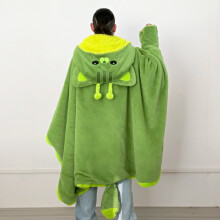 (11-L) Cartoon Cute Seal Cat Hooded Blanket Plush Cape Winter Green Flannel Wearable Robe With Gloves Home Office Napping Girl Gift