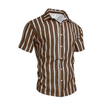 Mens Casual Stylish Collared Short Sleeve Button- Striped Dress Shirt Beach Shirts Brown XL