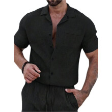 Heren Textured Korte Mouw Camp Collar Shirt Zwart S