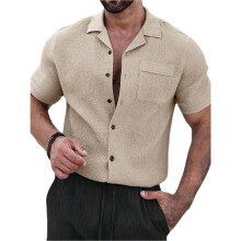 Heren Textured Korte Mouw Camp Collar Shirt Khaki S