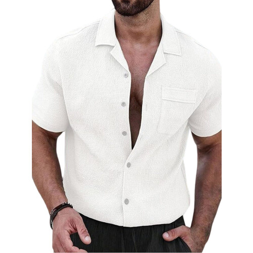 Heren Textured Korte Mouw Camp Collar Shirt Wit L