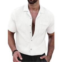 Heren Textured Korte Mouw Camp Collar Shirt Wit XXXL