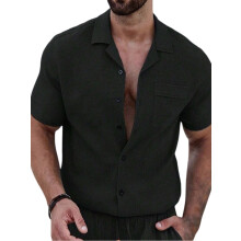 Heren Textured Korte Mouw Camp Collar Shirt Zwart 4XL