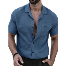 Heren Textured Korte Mouw Camp Collar Shirt Blauw 4XL