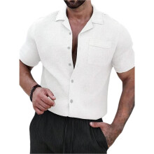 Heren Textured Korte Mouw Camp Collar Shirt Wit S