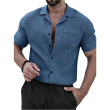 Heren Textured Korte Mouw Camp Collar Shirt Blauw S