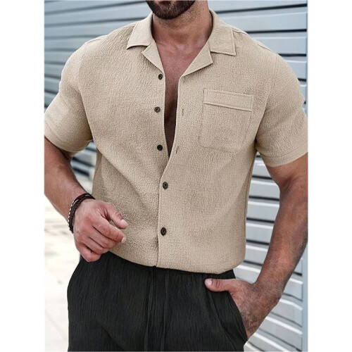 Mens Textured Short Sleeve Camp Collar Shirt Khaki S 1