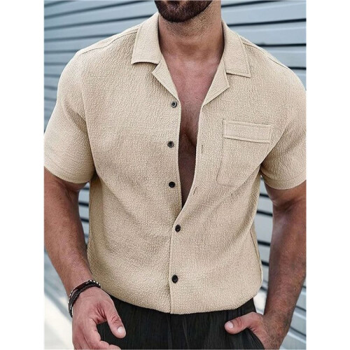 Mens Textured Short Sleeve Camp Collar Shirt Khaki S 2