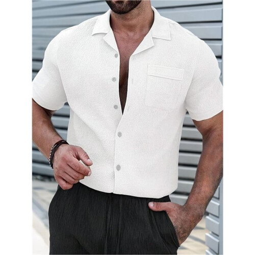 Heren Textured Korte Mouw Camp Collar Shirt Wit S 1
