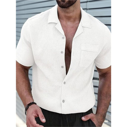 Heren Textured Korte Mouw Camp Collar Shirt Wit S 2