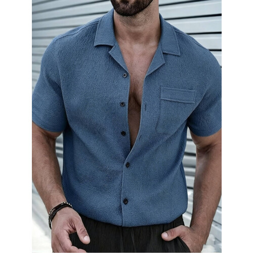 Mens Textured Short Sleeve Camp Collar Shirt  M 2