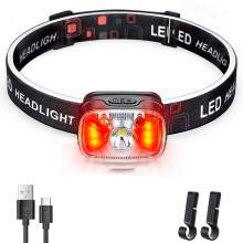 Wiederaufladbare rote Stirnlampe mit USB-C-Anschluss, 1200 Lumen, 14 Leuchtmodi, ultrahelles weißes Licht, Bewegungssensor, wasserdicht