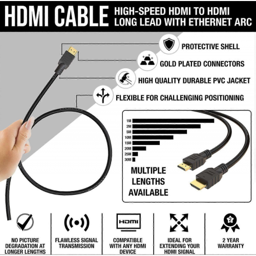 25M HDMI Cable HIGH SPEED Long Lead with Ethernet ARC 3D | Designed in the UK | 2