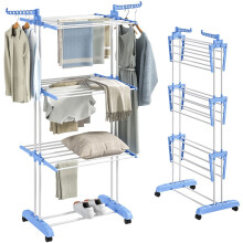 Opvouwbaar wasdroogrek met 4 lagen en wielen, blauw-wit