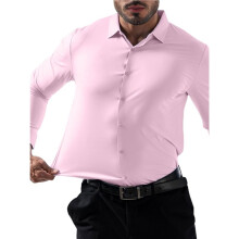 Herrskjorta med Lång Ärm, Stretch och Skrynkelfri Passform, Smal Passform, Knappar Ner, Casual och Business-Topp Rosa S