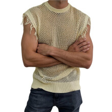 Herrers Virkade Stickade Ärmlösa Mesh-Tröja Khaki M