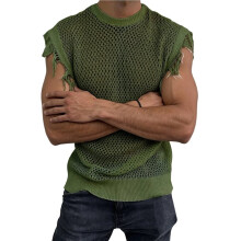 Herren Häkelstrick Ärmelloses Netz Tanktop Armeegrün M
