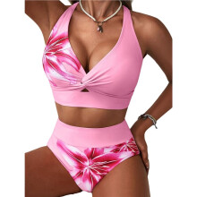 Damen-Bikini-Set, 2-Teilig, Oberteil mit Twist-Detail Vorne, Lilienmuster, Badeanzug mit Hohem Bund Rosa-Weißes Blumenmuster S