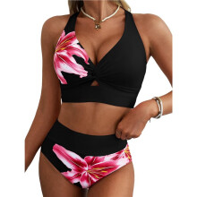 Damen-Bikini-Set, 2-Teilig, Oberteil mit Twist-Detail Vorne, Lilienmuster, Badeanzug mit Hohem Bund Schwarz-Rotes Blumenmuster XL
