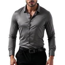 Mens Stretch Wrinkle-Free Long Sleeve Dress Shirt Slim Fit Button Down Casual and Business Top Gray XXL