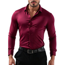Mens Stretch Wrinkle-Free Long Sleeve Dress Shirt Slim Fit Button Down Casual and Business Top Wine Red XS