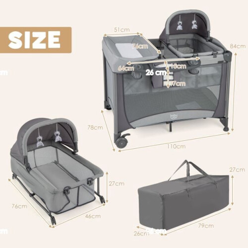 5-in-1 reiswieg/box met aankleedtafel, grijs